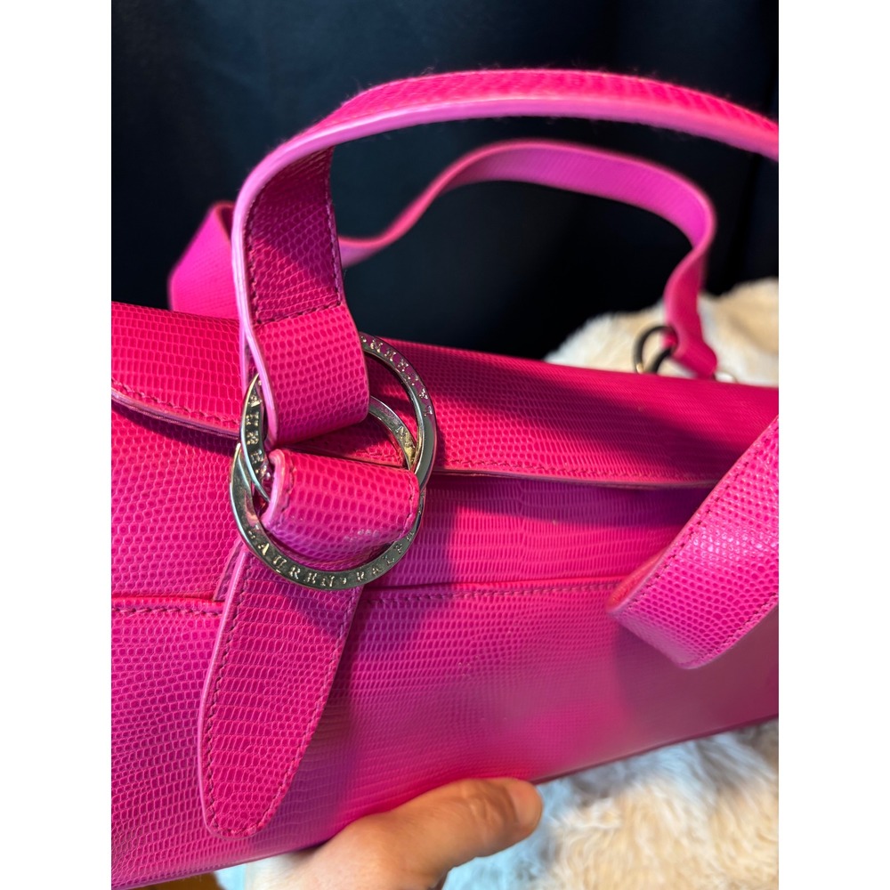 Lauren Ralph Lauren Pink Lizard Embossed Leather Shoulder Bag Baguette RL Logo